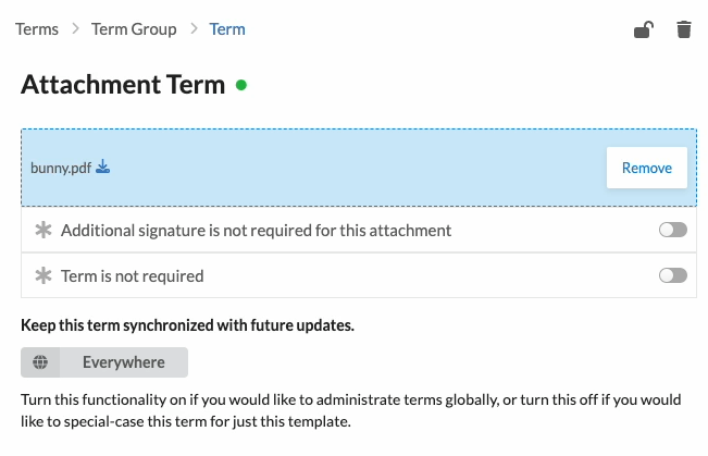 a form showing a box to upload a new attachment and toggles for term required and signature required