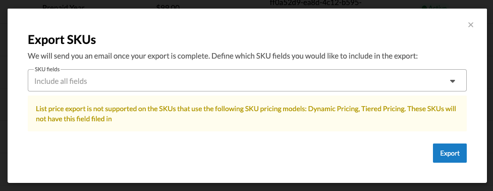 export skus modal