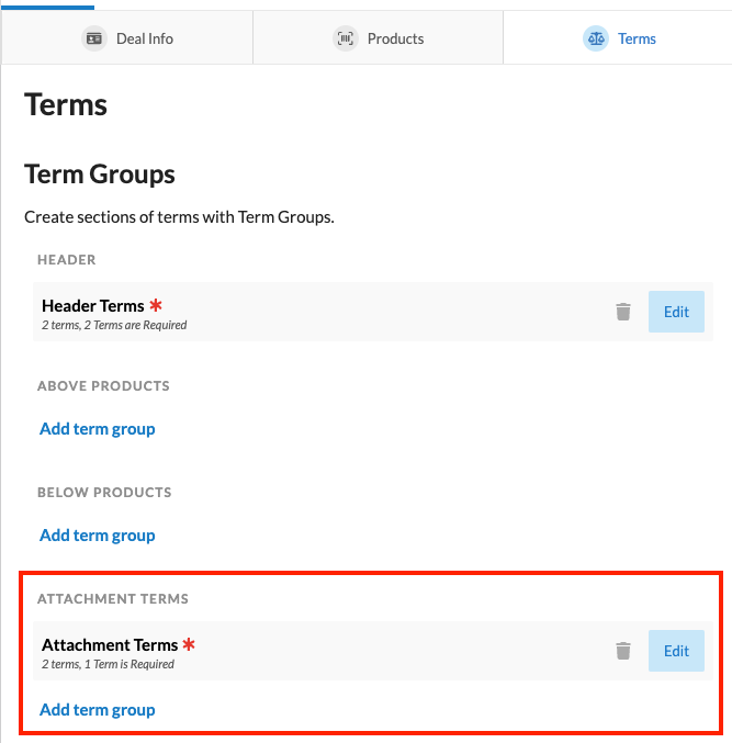terms tab deal editor with attachment section highlighted